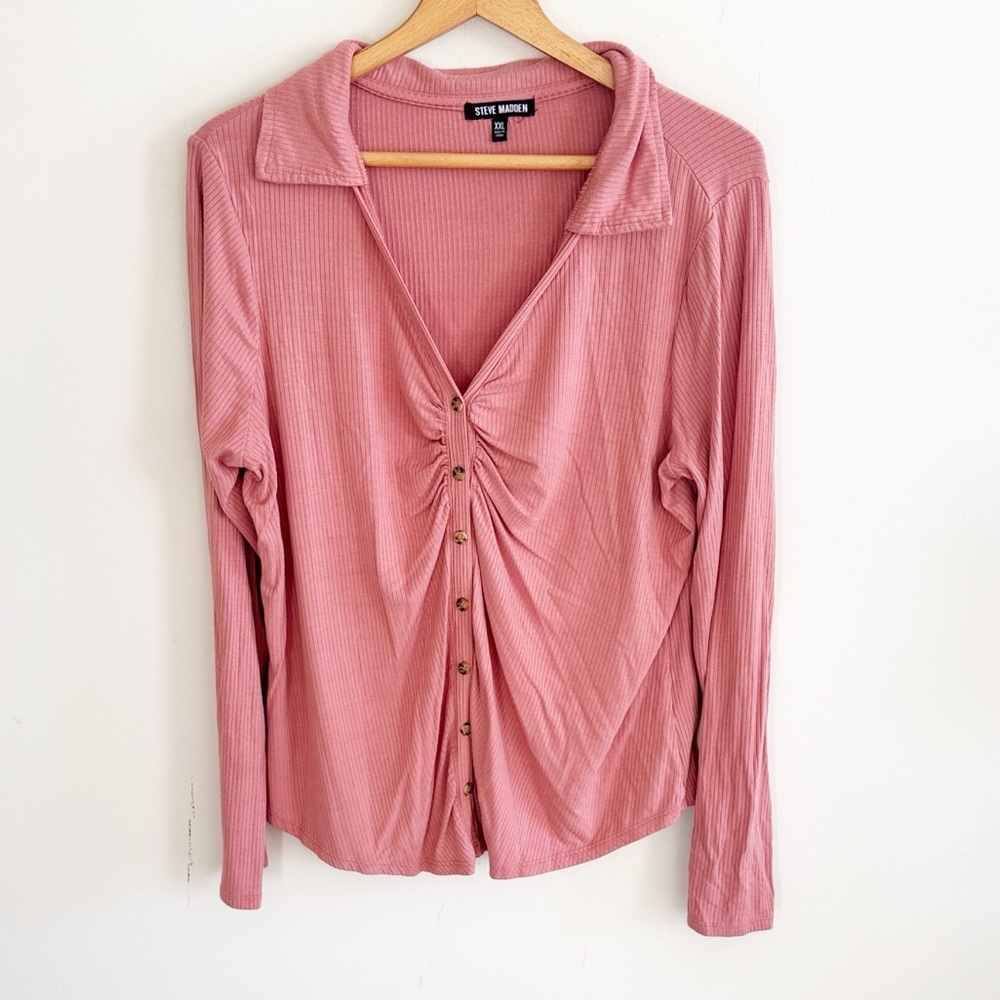 Steve Madden pink ribbed knit stretchy collared button down top size XXL